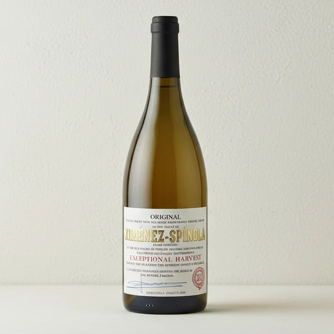 Botella de vino Ximénez-Spínola Exceptional Harvest, Pedro Ximénez seco con crianza en barrica. Vino blanco elegante e intenso.