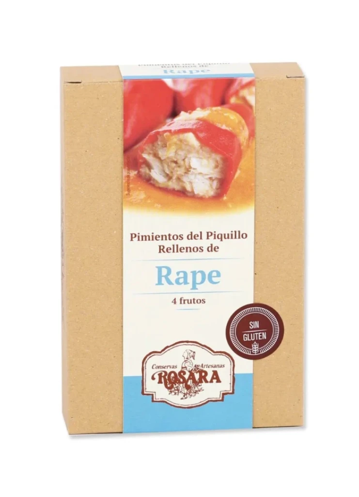 Estuche de cartón en su interior una lata con 4 frutos de pimientos del piquillo rellenos de rape.