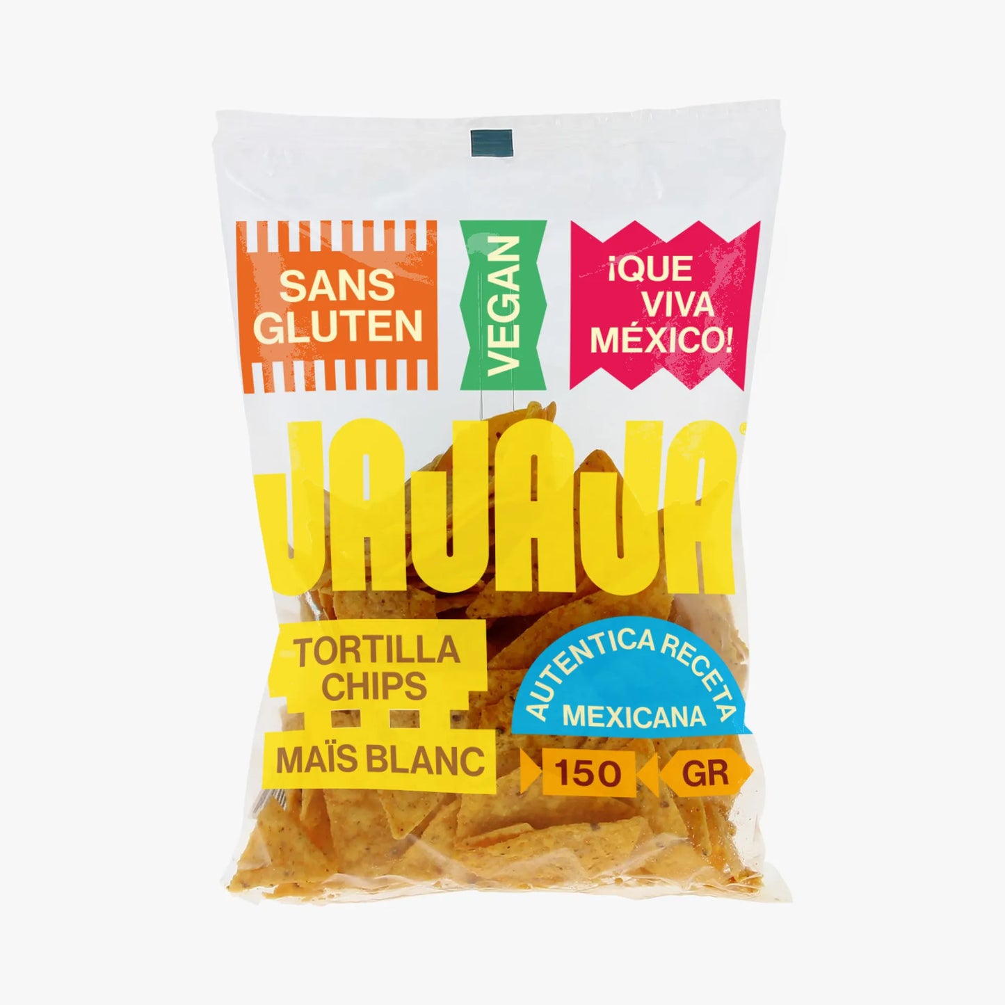 Bolsa de totopos auténticos mexicanos. Bolsa transparente donde deja ver los totopos y letras grandes y en colores explicando la marta, sin gluten, veganos, peso etc.