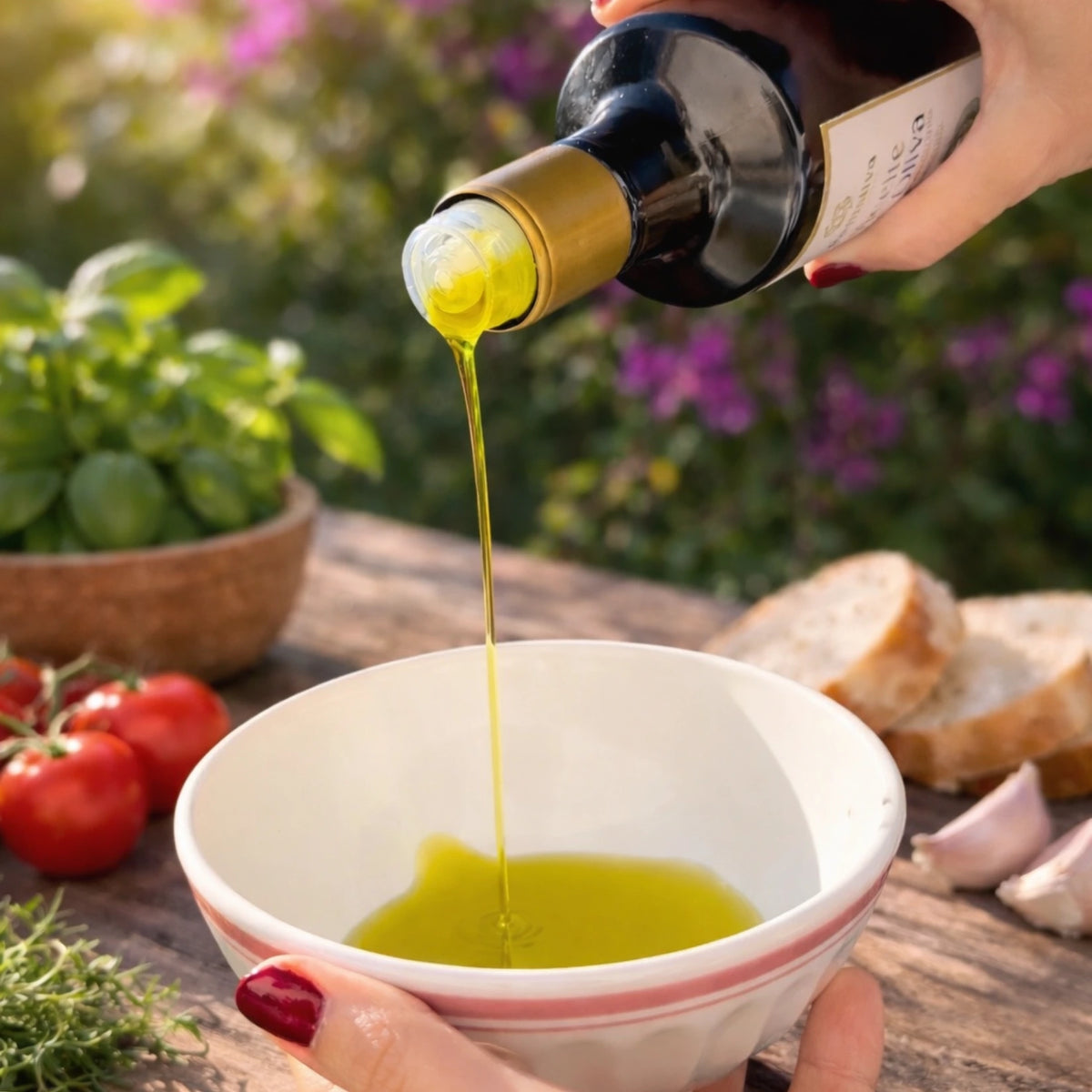 Aceite de oliva Centolovia vertiéndose sobre un cuenco blanco, mientras una mano sostiene el recipiente y otra vierte el aceite. La escena se desarrolla sobre una mesa de madera con tomates y pan cortado en rodajas, con plantas y flores moradas desenfocadas al fondo.