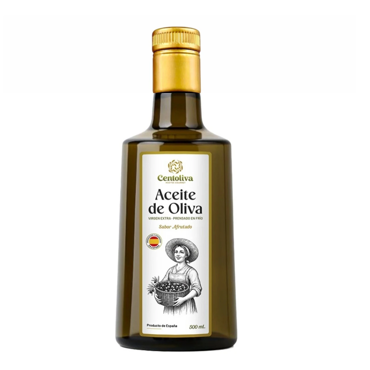 Botella de aceite de oliva Centolovia, producto de la Región de Murcia, sobre fondo blanco de estudio, con etiqueta de diseño tradicional e ilustración en blanco y negro de una mujer con una cesta llena de aceitunas.