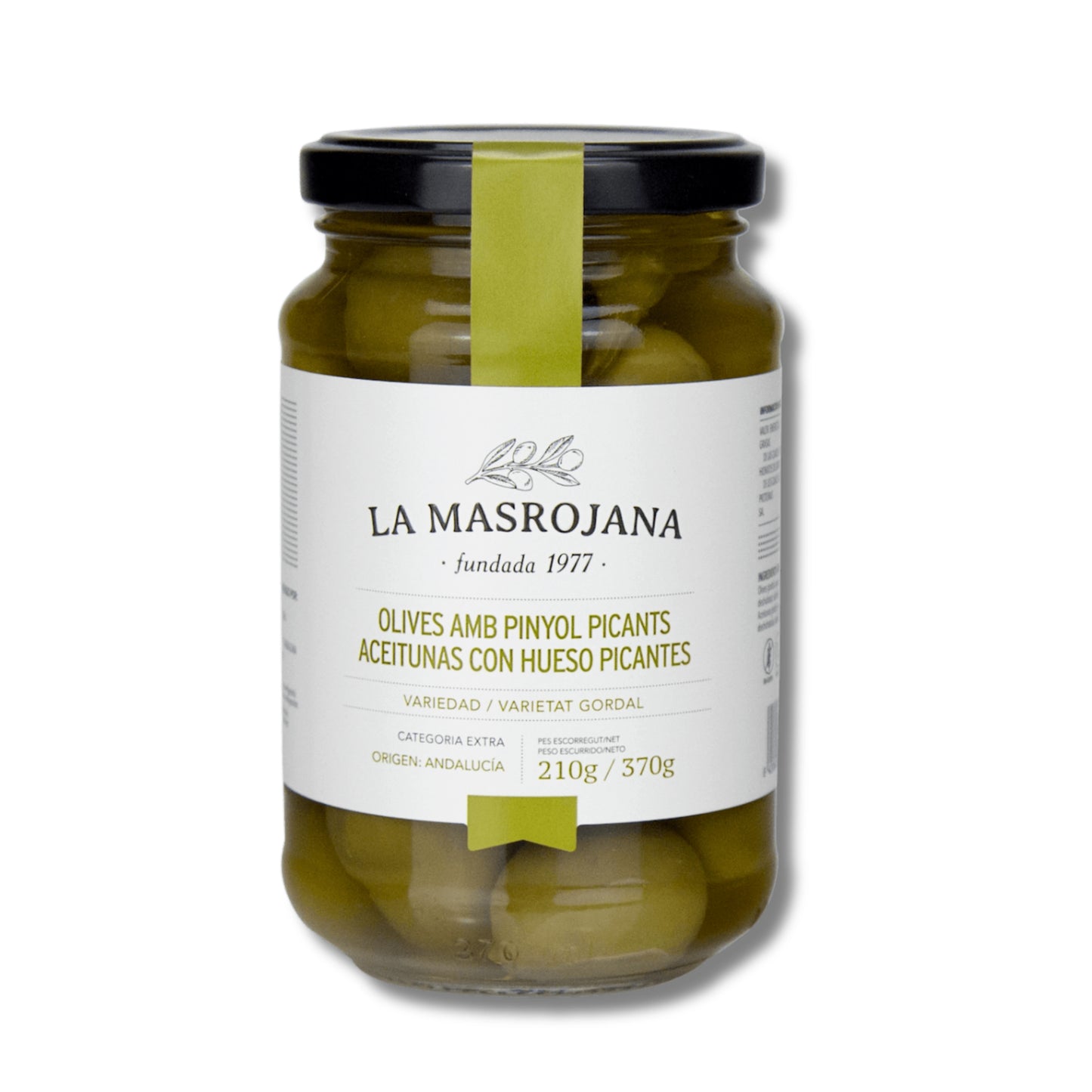 Las mejores aceitunas para tus aperitivos son las aceitunas con hueso picante gordal de La Masrojana, ideal para tus aperitivos. Comprar online en D'12 Gourmet.