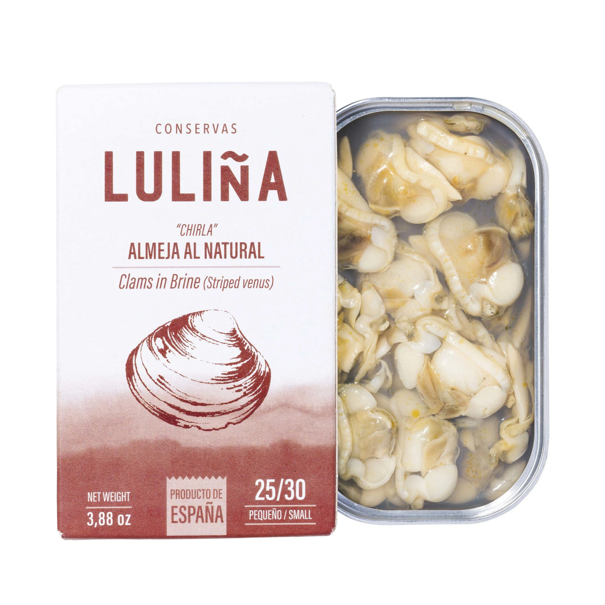 Estuche y lata abierta de almejas al natural de Conservas Luliña sobre fondo blanco de estudio, con el packaging en primer plano y la conserva detrás mostrando el producto en su propio jugo en D'12 Gourmet