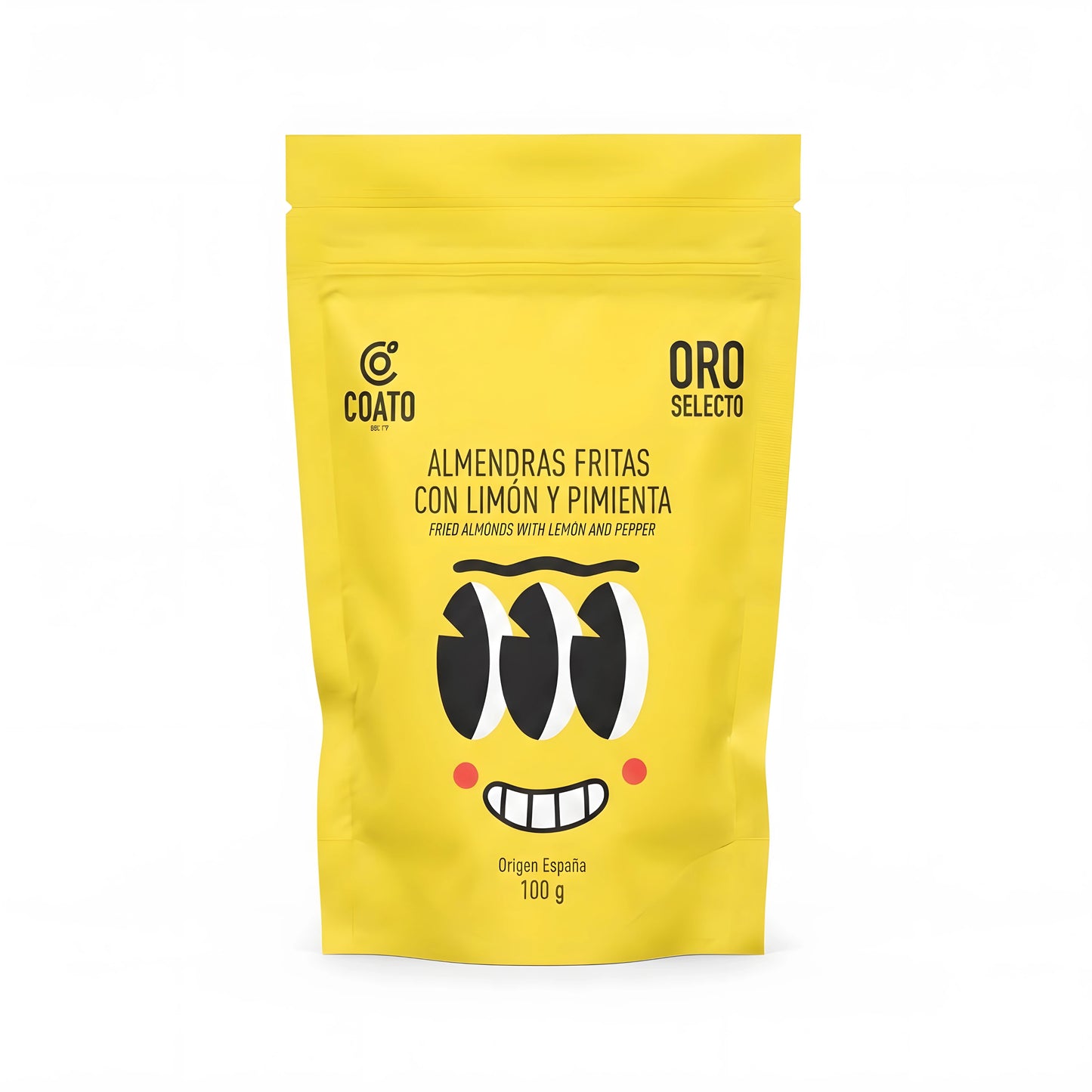 Almendras fritas con limón y pimienta en envase amarillo moderno en el centro simulando una cara sonriente con tres ojos.