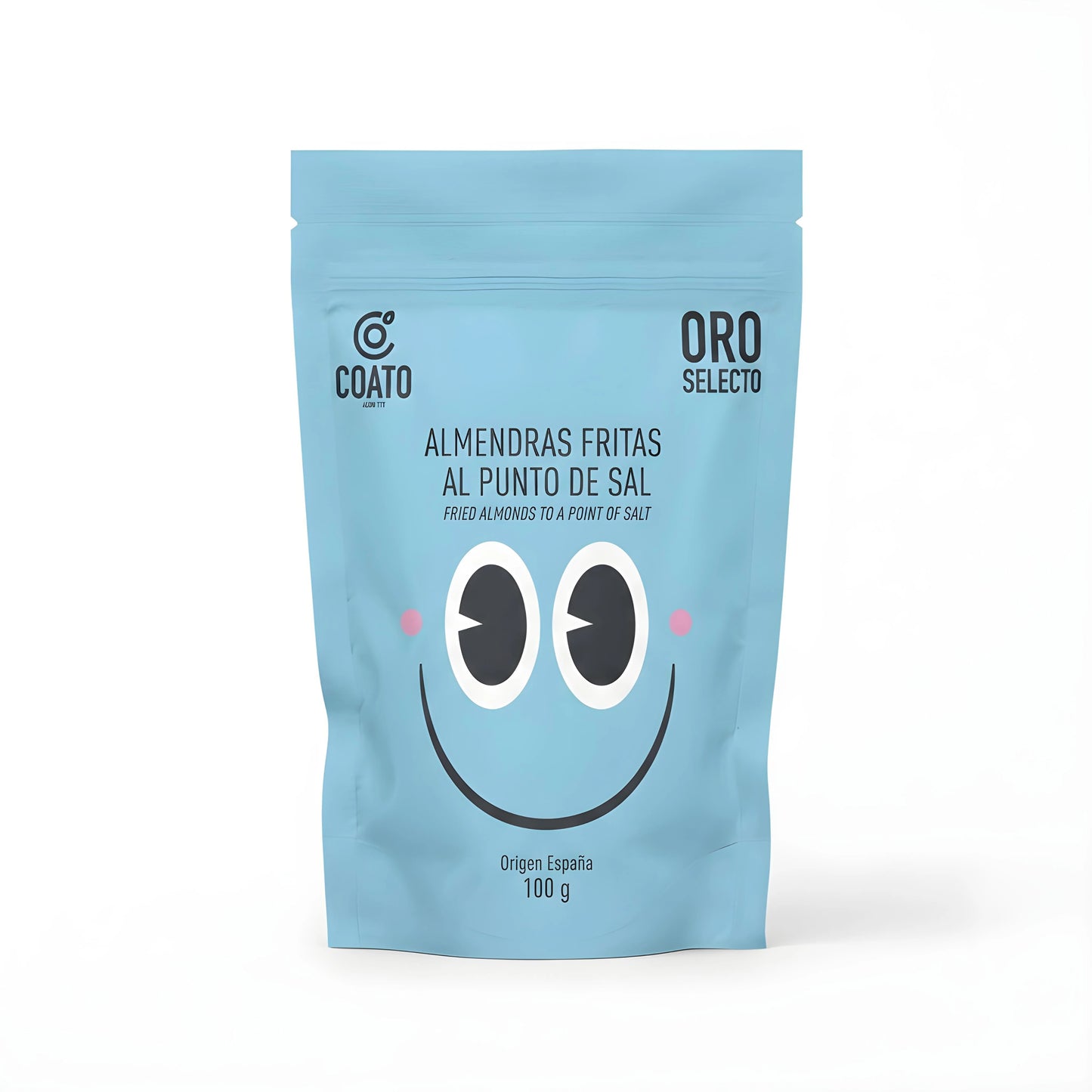 Almendras fritas al punto de sal, con envase moderno de color azul marino y en el centro dibujo simulando una cara sonriente.