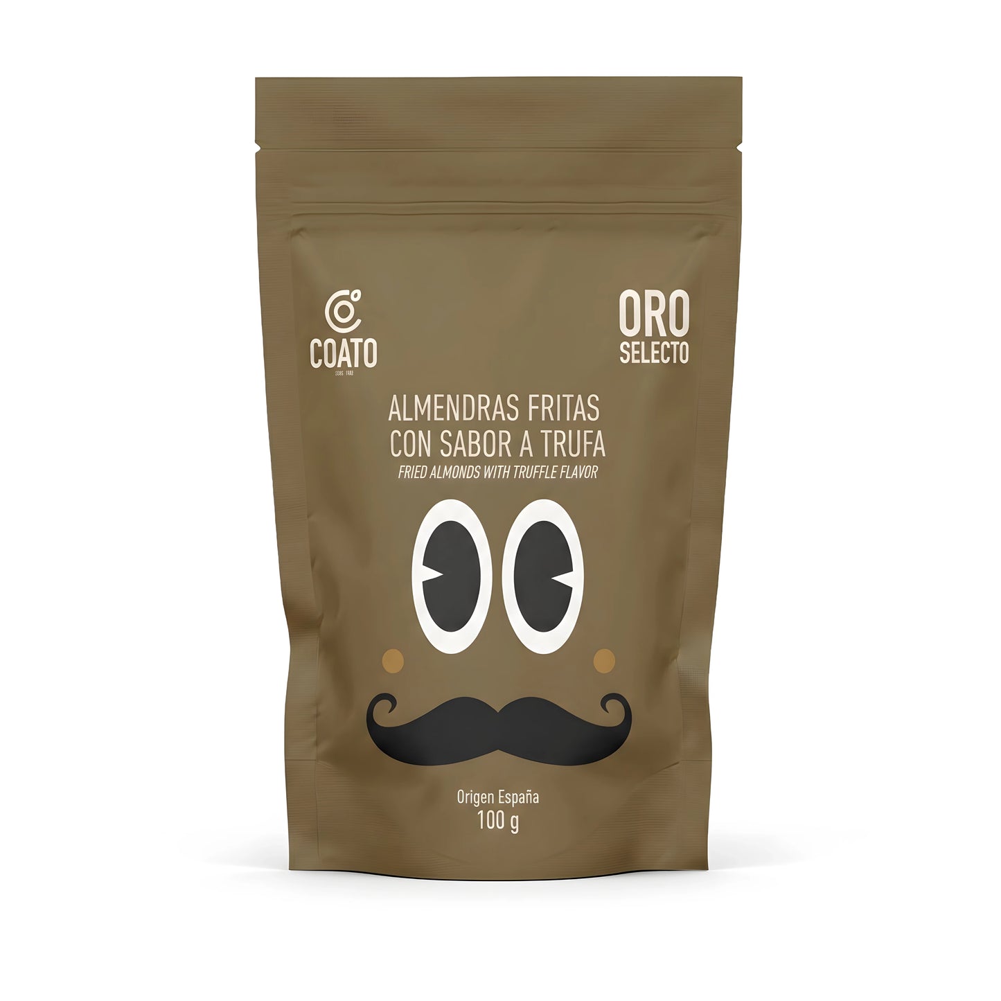 Almendras con sabor a trufa, envase moderno y canalla de color marrón y en el centro simula una cara con bigote.