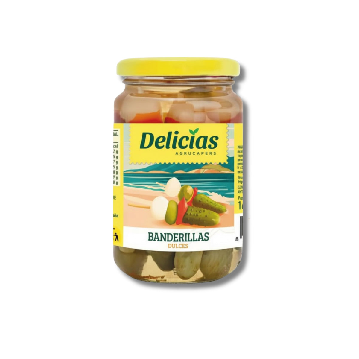 Bote de banderillas dulces de Delicias Agrucapers sobre fondo blanco de estudio, con envase transparente que permite ver las banderillas en su interior, tapa amarilla y etiqueta ilustrada con dos banderillas tomando el sol en la playa. La etiqueta también muestra información de la marca.
