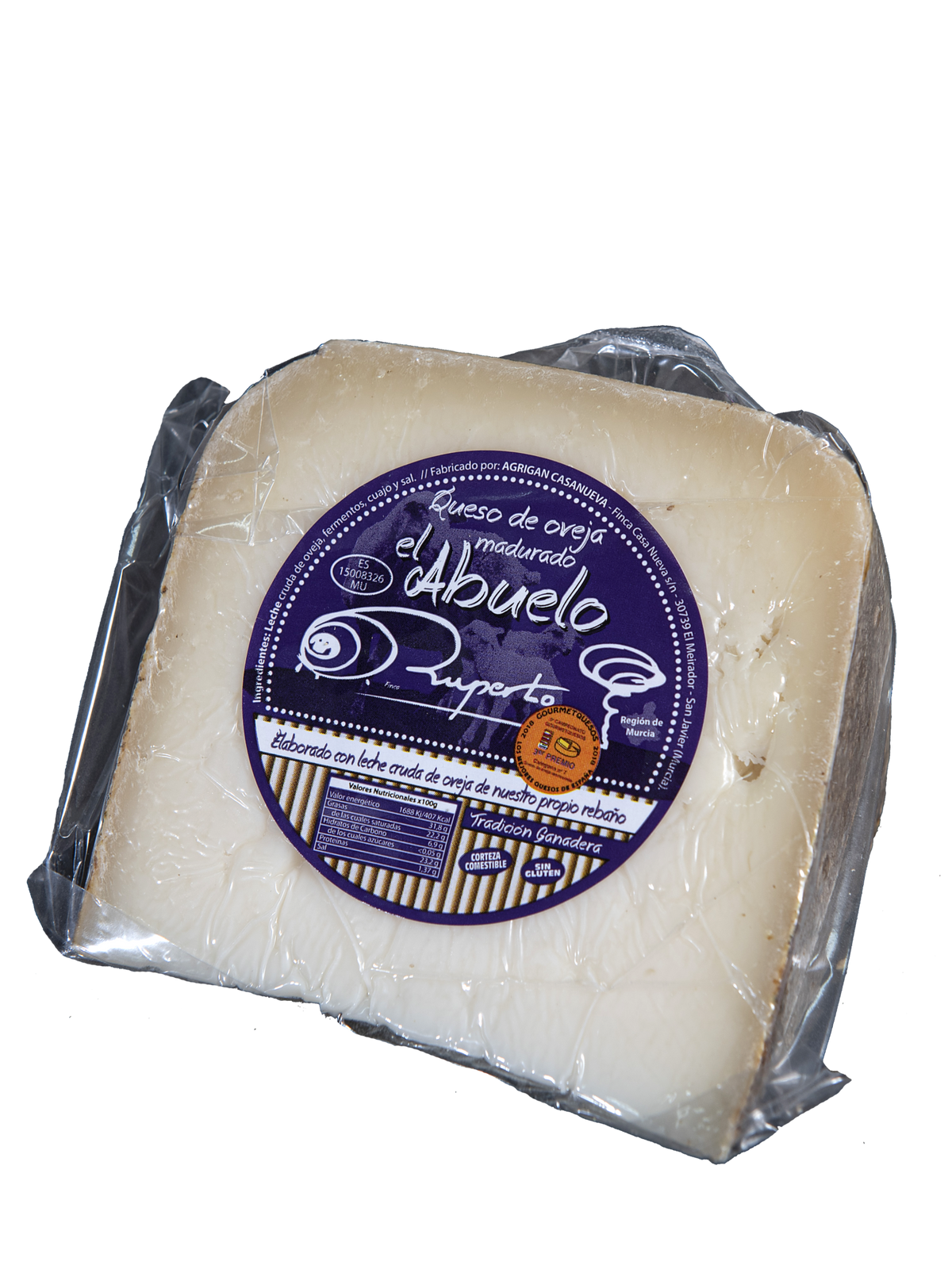 Cuña de queso de oveja madurado El Abuelo de Ruperto, con corteza enmohecida natural, sobre fondo de estudio, destacando la etiqueta circular lila con tipografía en blanco en D'12 Gourmet