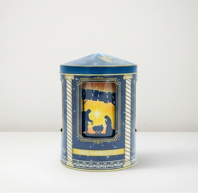 elegante lata navideña de carrusel musical con diseño azul de los reyes magos