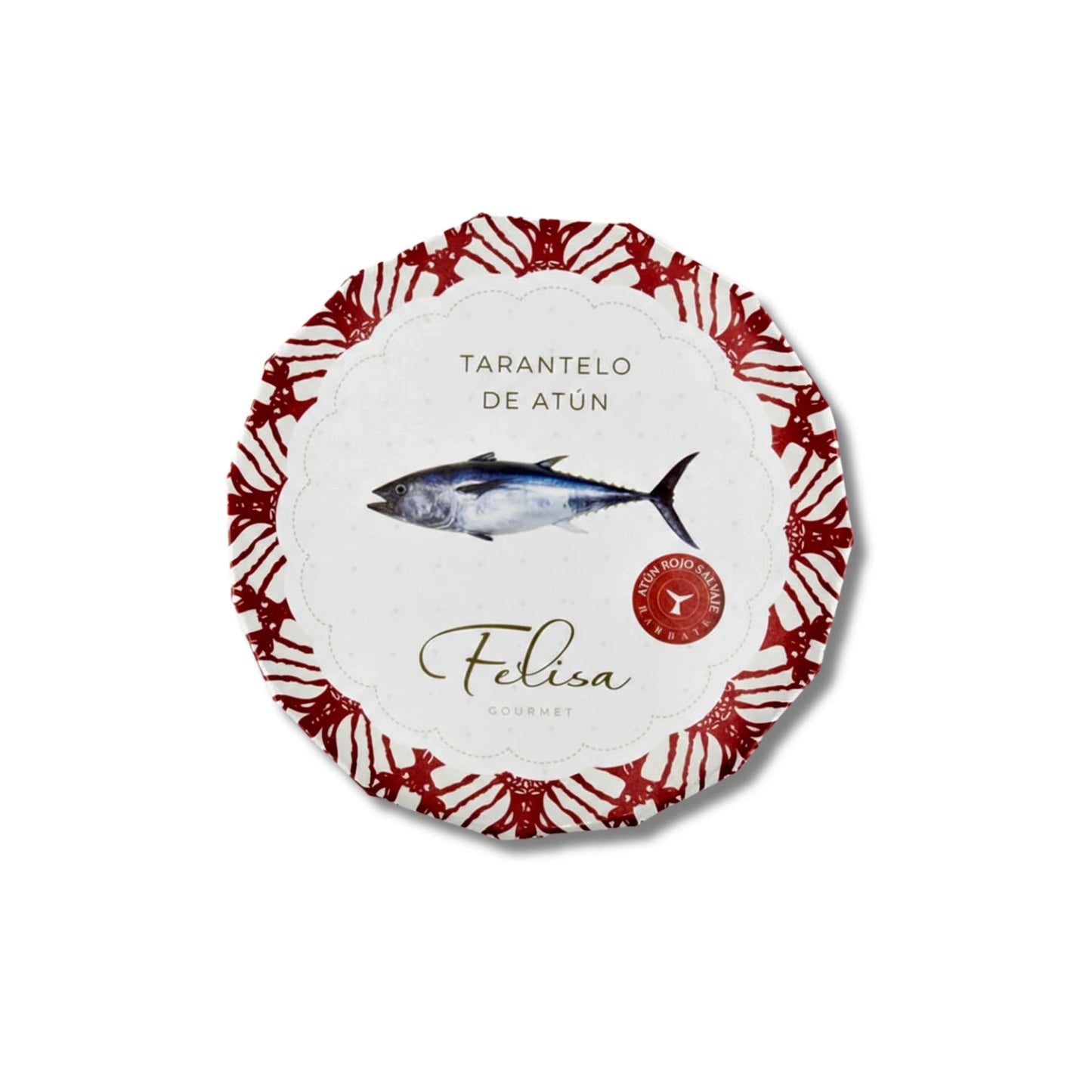 Lata de conserva de tarantelo de atun rojo gourmet con borde rojo