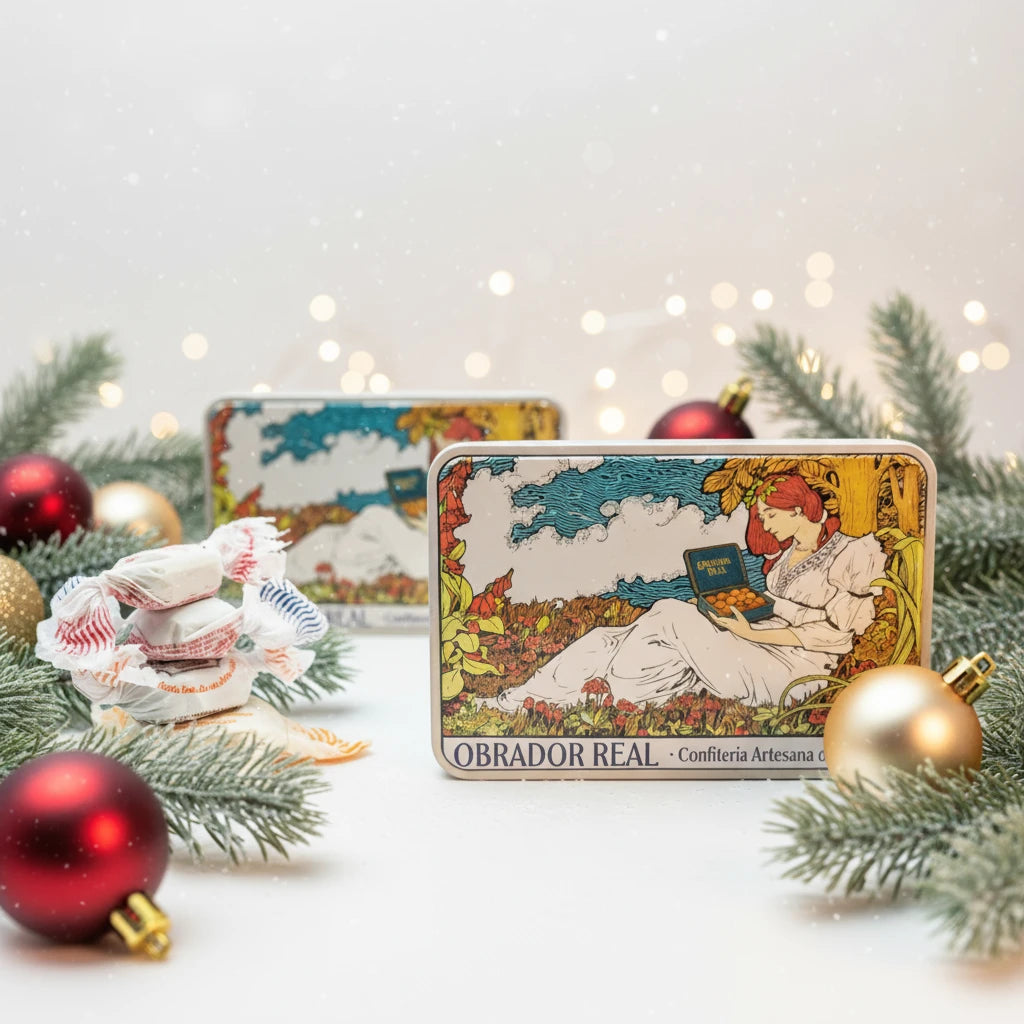 Lata de surtidos navideños artesanos de Obrador Real sobre una mesa decorada con motivos navideños.