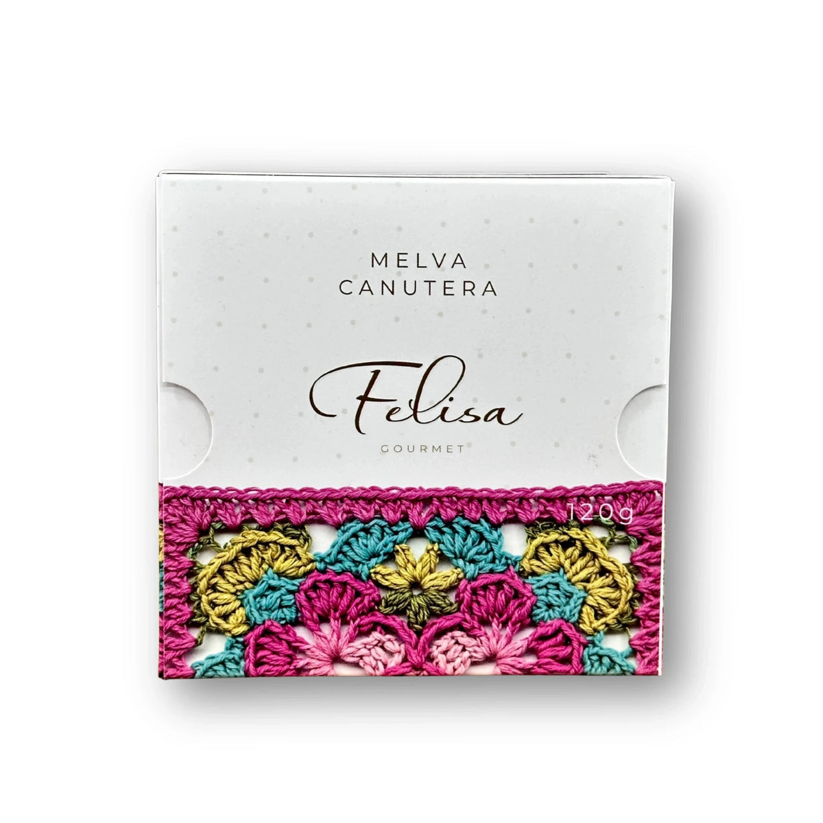 Vista frontal del envase cuadrado de melva canutera Felisa Gourmet sobre fondo blanco de estudio, con diseño elegante en tonos blanco y rosa.