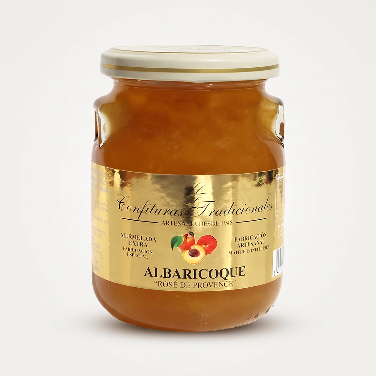 Frasco transparente de confitura tradicional de albaricoque "Rose de provence" con etiqueta dorado, dejando ver la mermelada y mostrando la ilustración de albaricoques junto a la marca.