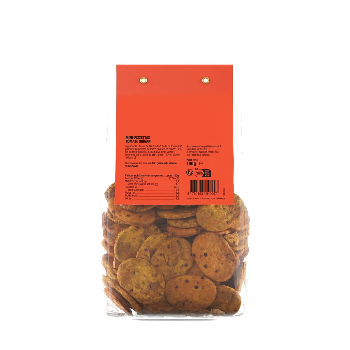 Reverso de la bolsa de mini pizzetas de tomate y orégano de Les Niçois sobre fondo de estudio, mostrando su etiqueta roja con tipografía en negro con la información sobre el valor nutricional y los ingredientes en D'12 Gourmet