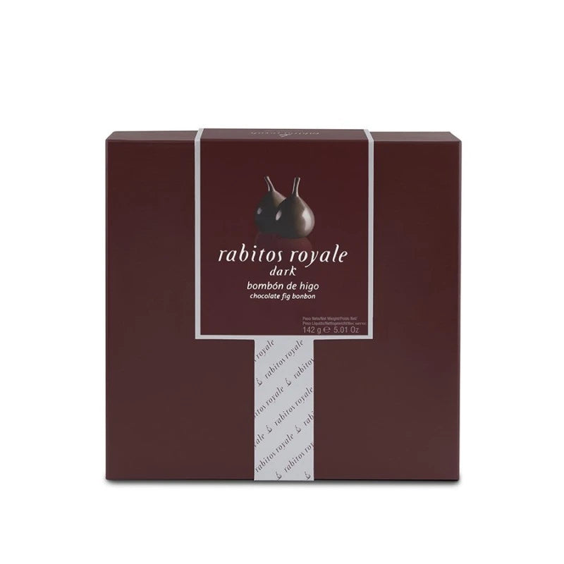 Caja cuadrada de color morado rellena de rabitos royale dark de 142gr, 8 unidades de bombones.