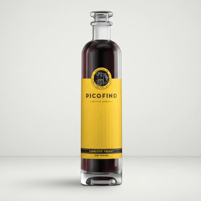 Botella de cristal de vermut Picofino Gin Fusión sobre fondo blanco de estudio, mostrando el tono rojizo del producto y su etiqueta en color amarillo.