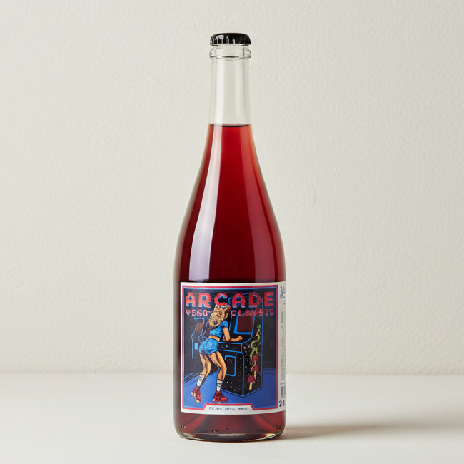Botella de vino Arcade de Bodegas Yakka sobre fondo blanco de estudio, con etiqueta de inspiración retro con estética de videojuego pixel art de los años 80 e tipografía de estilo maquina recreativa en D'12 Gourmet