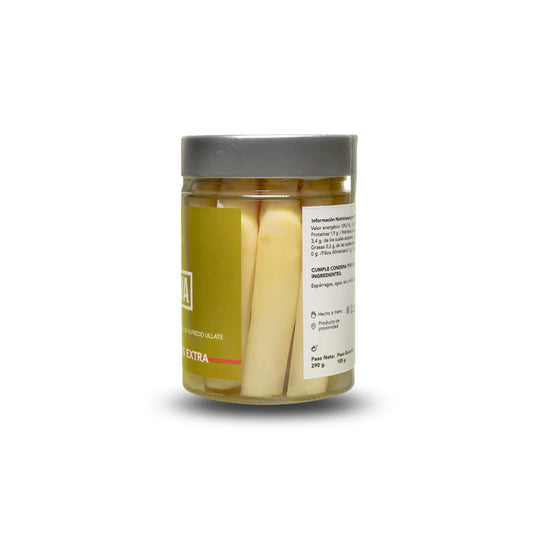 Tarro de yemas de espárragos blancos extra artesanos, lateral con fondo blanco