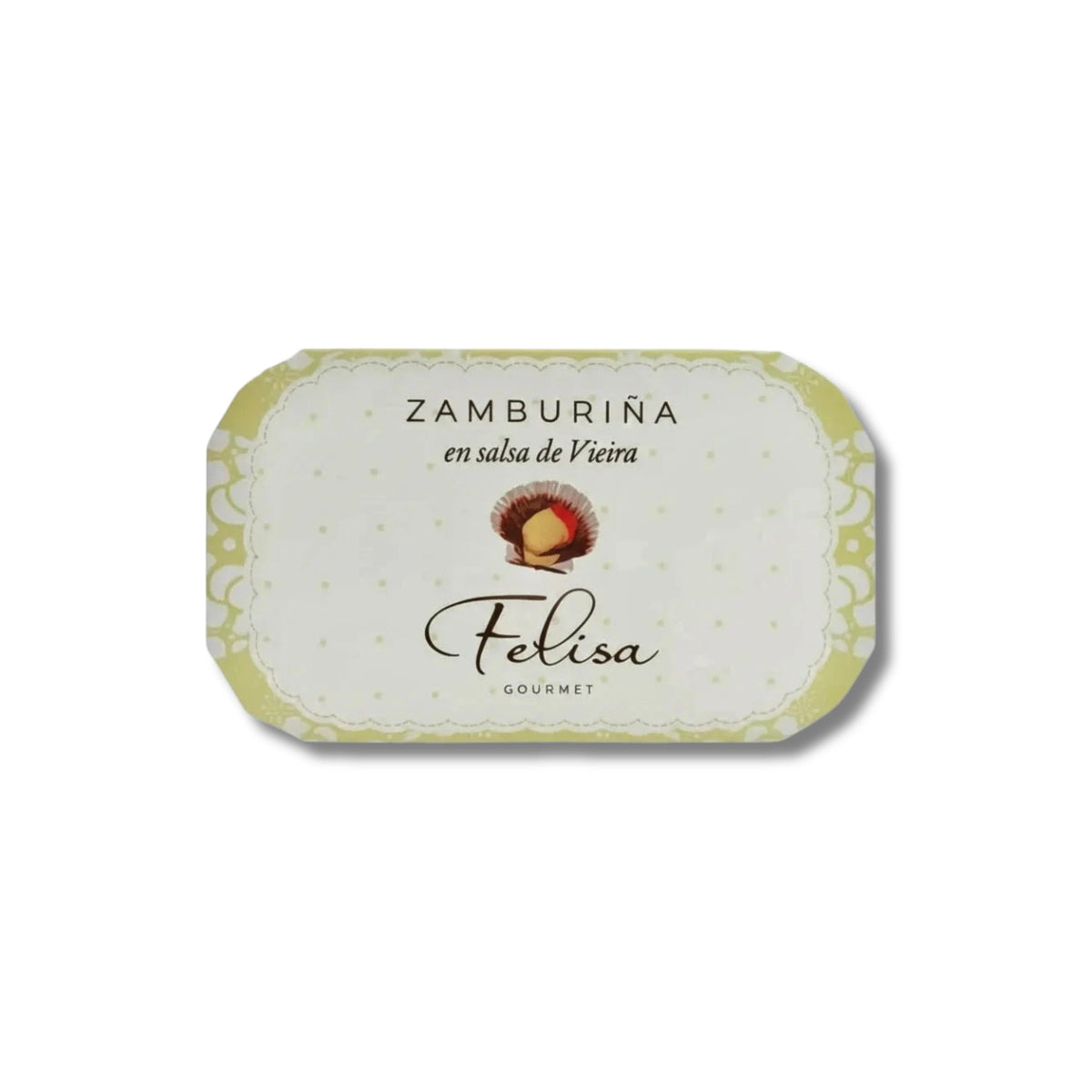 Lata de zamburiñas en salsa de vieira de Felisa sobre fondo blanco de estudio, envuelta en papel blanco con una ilustración central de una zamburiña y la información de la marca y del producto arriba y abajo en D'12 Gourmet