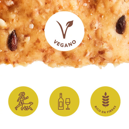 Galleta integral vegana, rico en fibras para acompañar tu vino o sentirte ideal para pasear con el perro.