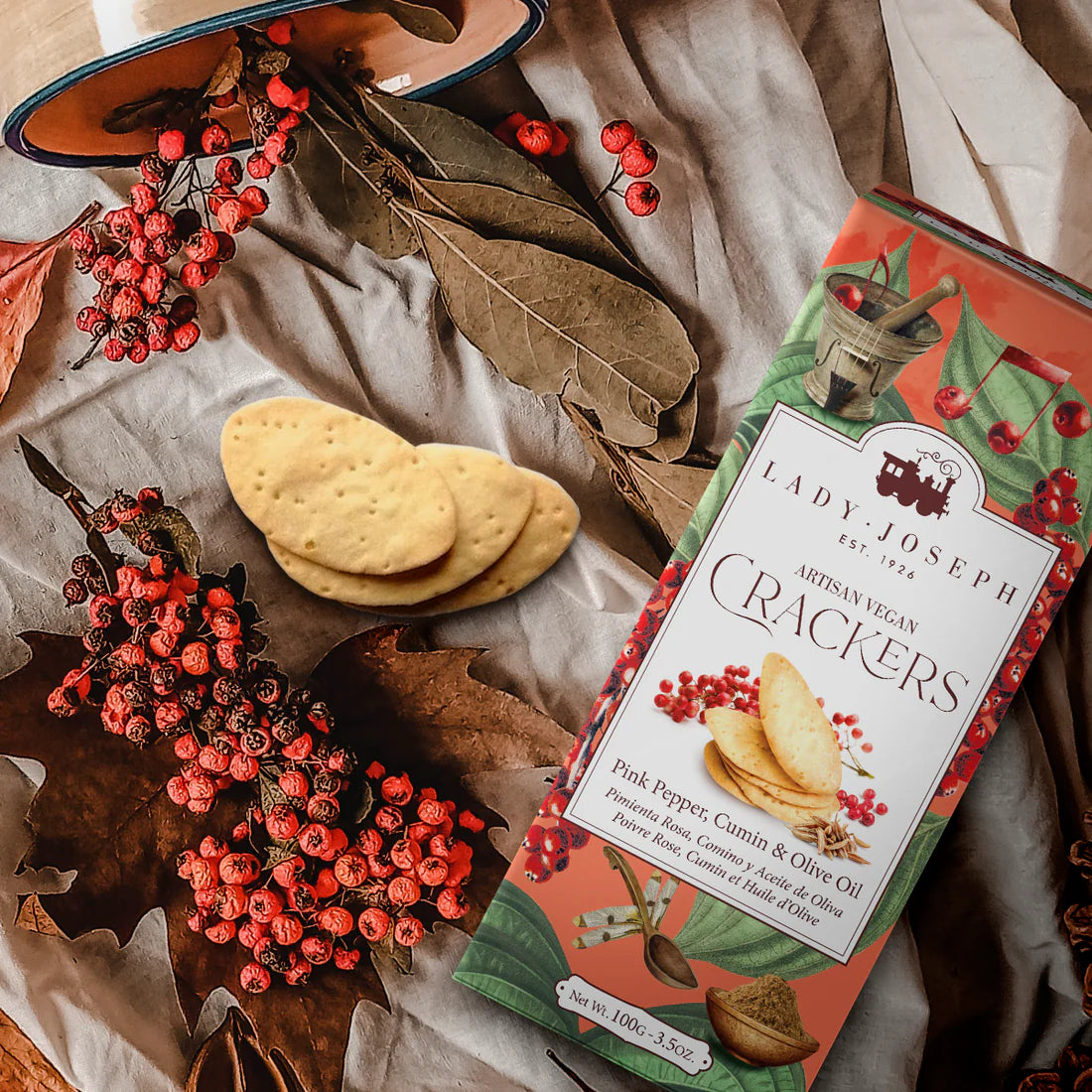 Crackers veganas Pimienta Roja, Comino y Aceite de Oliva