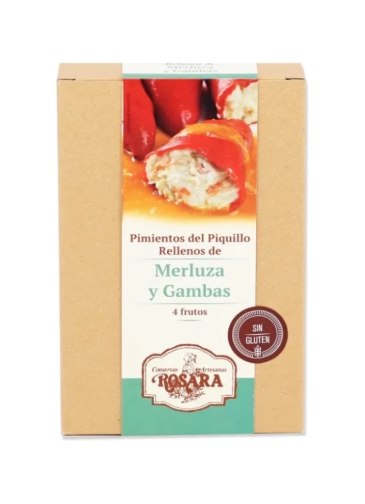 Estuche de cartón en su interior una lata con pimientos del piquillo rellenos de Merluza y Gambas, 4 frutos de Rosara.