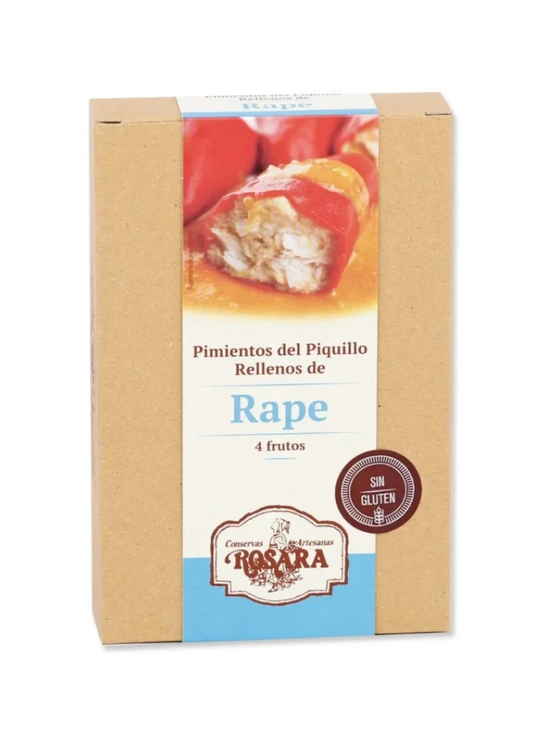 Estuche de cartón en su interior una lata con 4 frutos de pimientos del piquillo rellenos de rape.