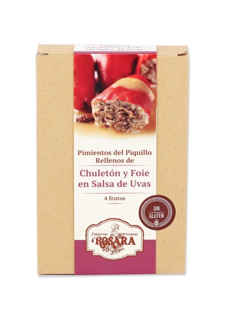 Estuche con lata de pimientos del piquillos rellenos de chuletón y foie en salsa de uvas, 4 fruto de Rosara.