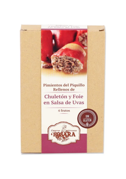 Estuche con lata de pimientos del piquillos rellenos de chuletón y foie en salsa de uvas, 4 fruto de Rosara.