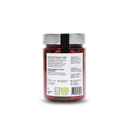 Tarro de pimientos del piquillo extra ecológicos Frugitiva sobre fondo blanco con la información del producto visible en la etiqueta posterior.