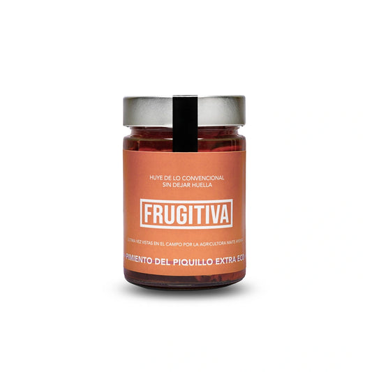 Tarro de pimientos del piquillo extra ecológicos Frugitiva sobre fondo blanco con etiqueta de color anaranjado, el nombre de la marca en el centro en tipografía blanca y la descripción del producto alrededor.