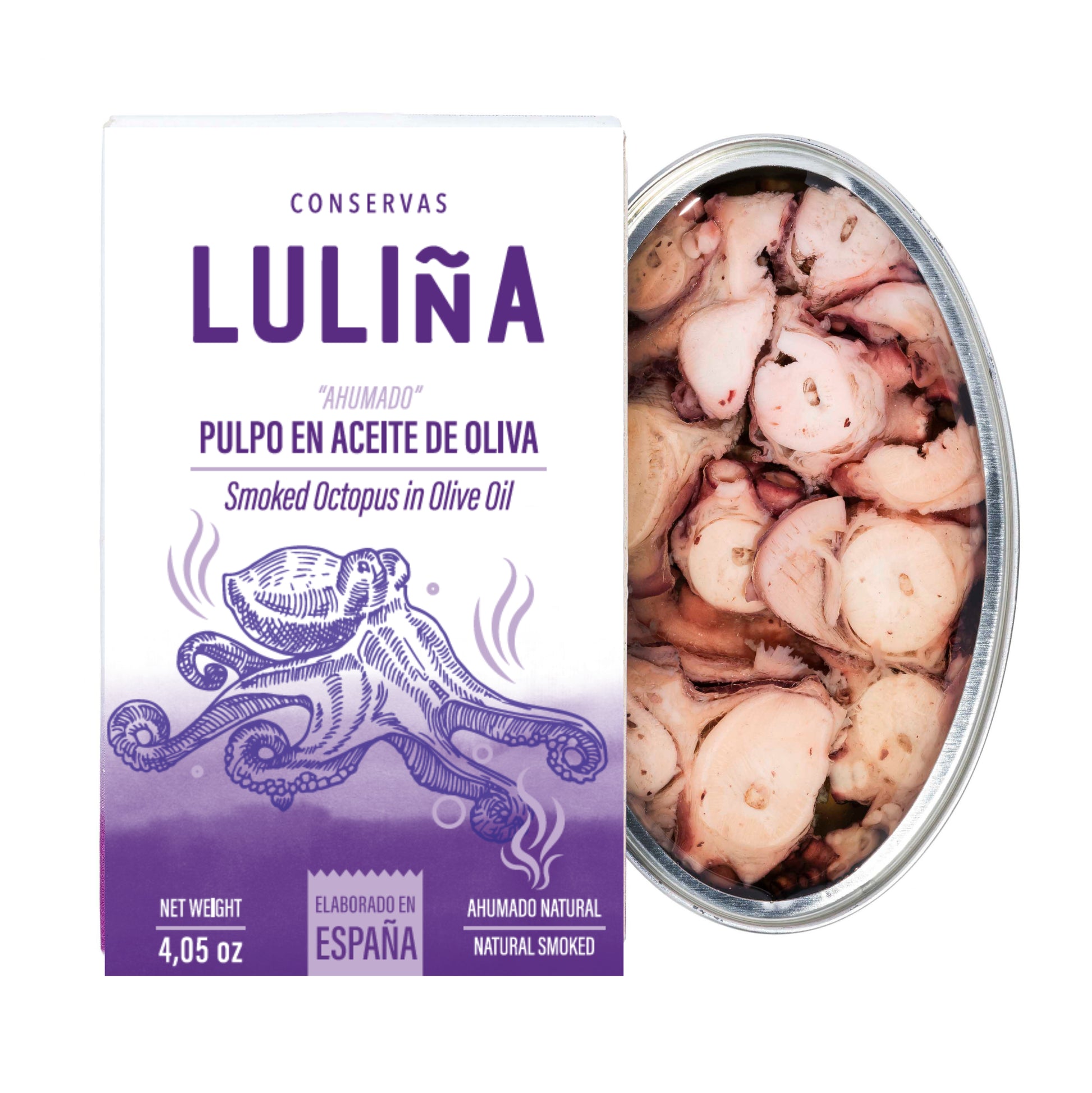 Conserva de pulpo ahumado en aceite de oliva de la marca Luliña. Por un lado vemos el envase de colores blancos y morados y al lado una lata abierta para ver el pulpo cortado de gran calidad.
