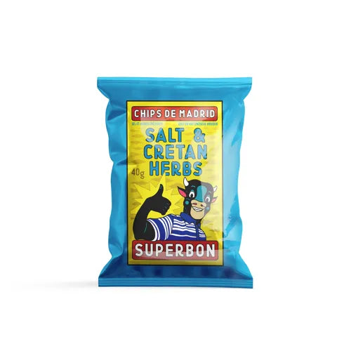 Patatas de sal y hierbas de creta de Superbon. Bolsa de 40gr de color azul con su loco que es una vaca humanizada.