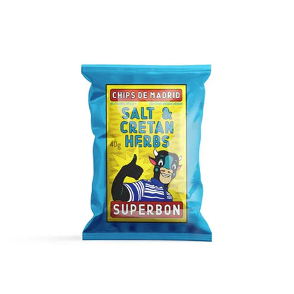 Patatas de sal y hierbas de creta de Superbon. Bolsa de 40gr de color azul con su loco que es una vaca humanizada.