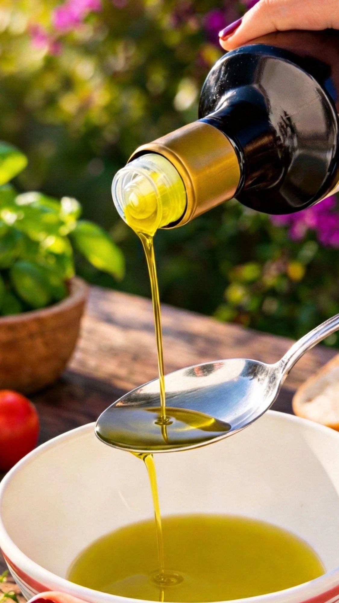 Aceite de oliva Centolovia vertiéndose desde la botella sobre una cuchara y después sobre un plato blanco, mostrando su color y textura. Al fondo se aprecia una pequeña terraza con plantas y una mesa de madera.