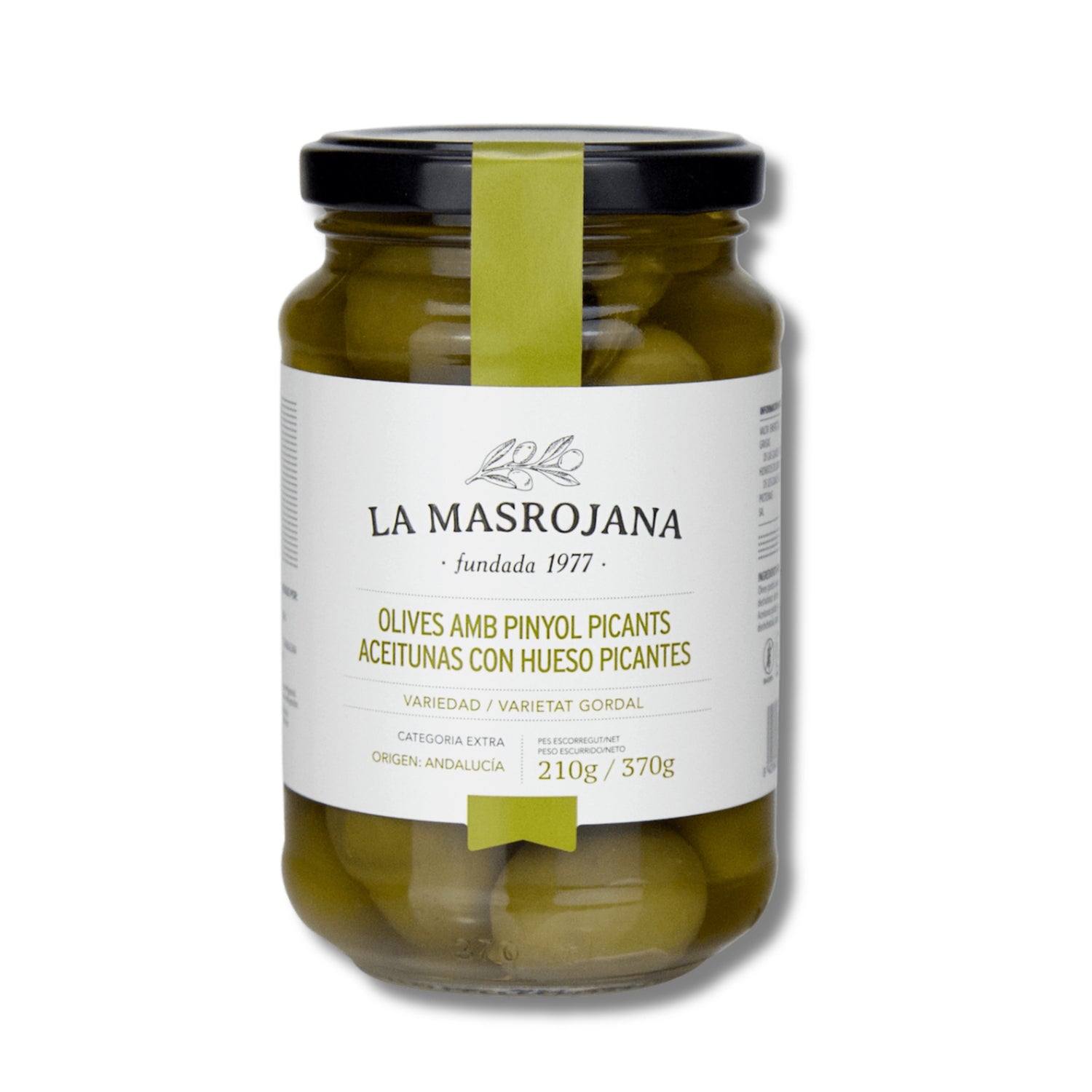 Las mejores aceitunas para tus aperitivos son las aceitunas con hueso picante gordal de La Masrojana, ideal para tus aperitivos. Comprar online en D'12 Gourmet.