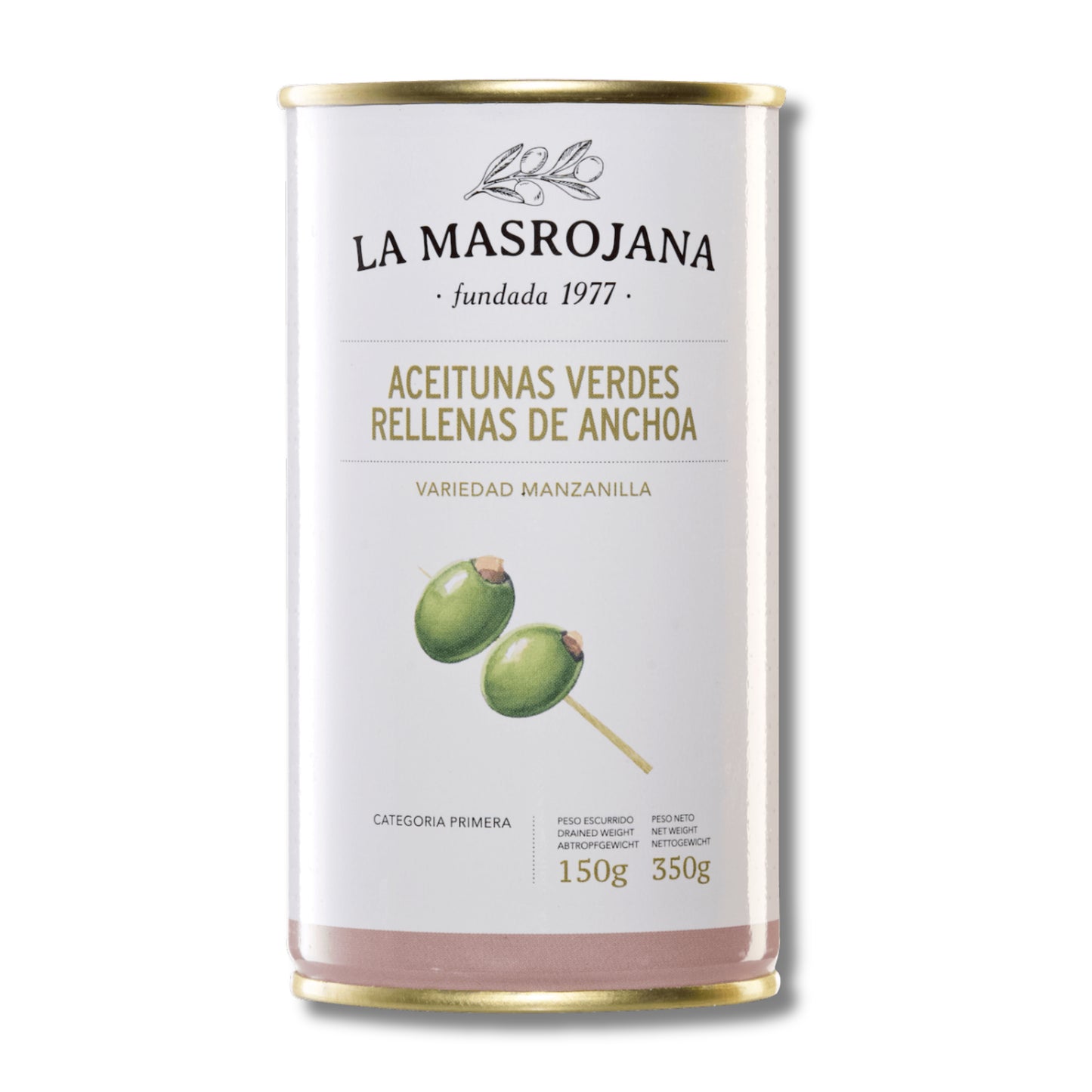 Las auténticas aceitunas verdes rellenas de anchoa, variedad manzanilla. De la marca La Masrojana ideal para tu vermú y ensaladas.