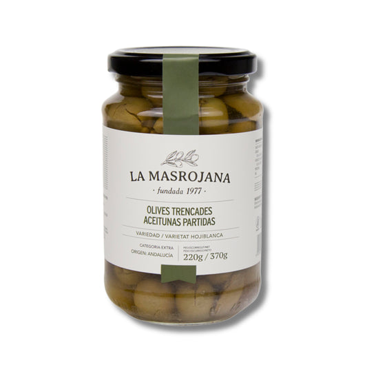Tarro de aceitunas Hojiblanca partidas de la Masrojana