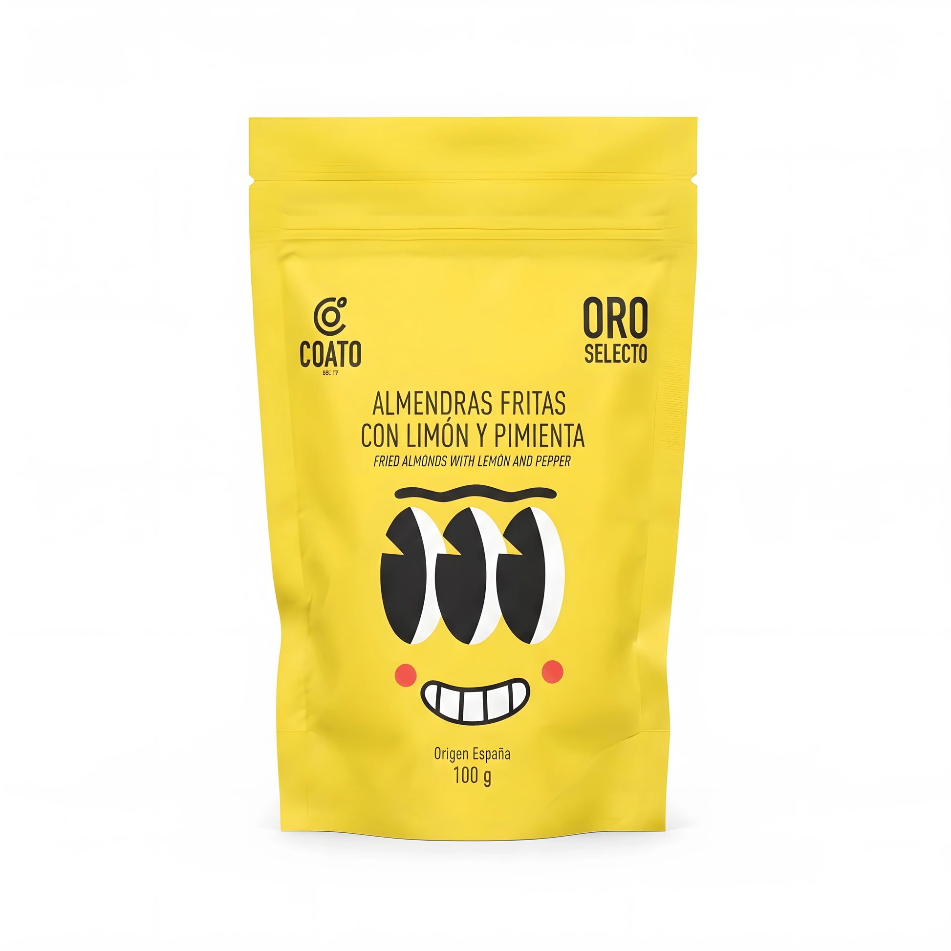 Almendras fritas con limón y pimienta en envase amarillo moderno en el centro simulando una cara sonriente con tres ojos.