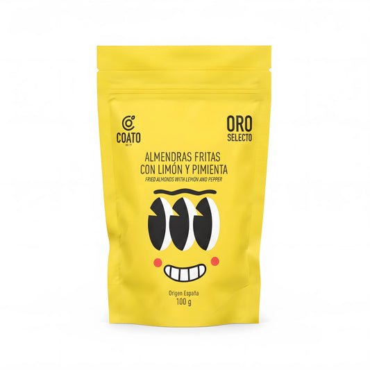 Almendras fritas con limón y pimienta en envase amarillo moderno en el centro simulando una cara sonriente con tres ojos.