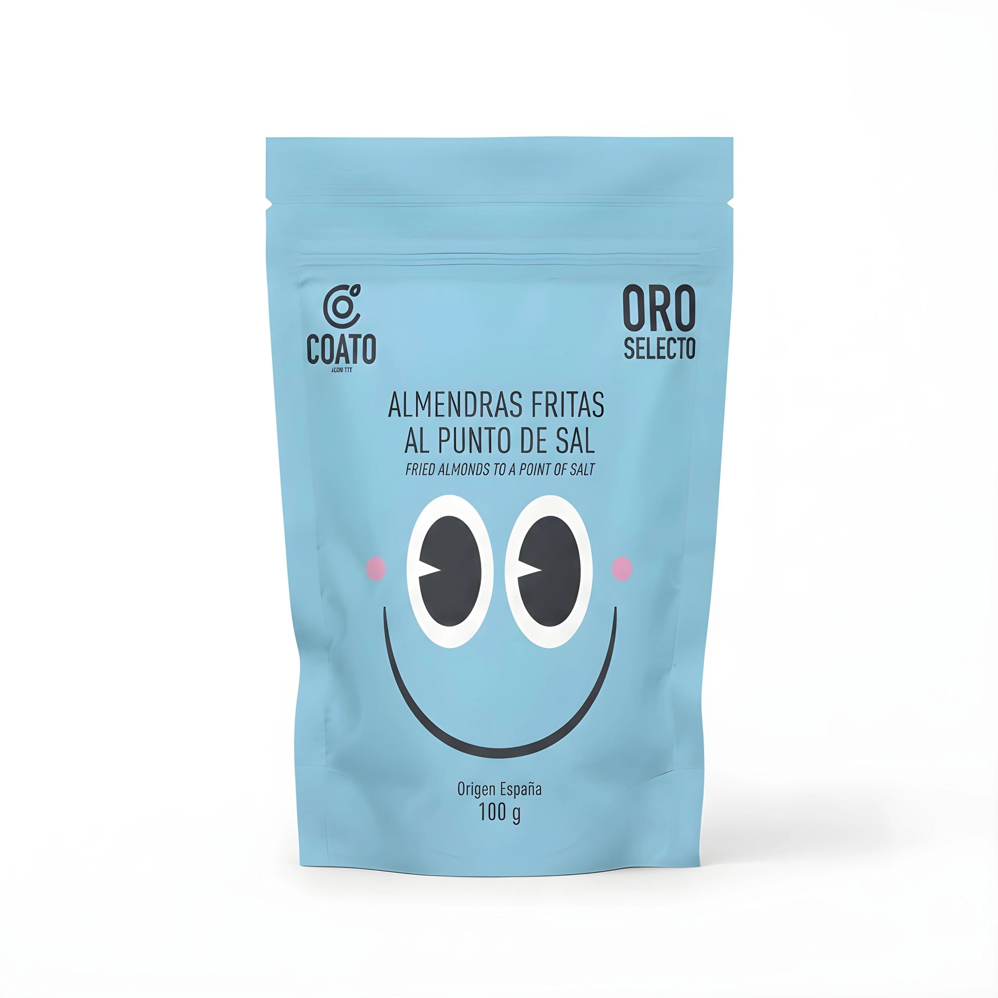 Almendras fritas al punto de sal, con envase moderno de color azul marino y en el centro dibujo simulando una cara sonriente.