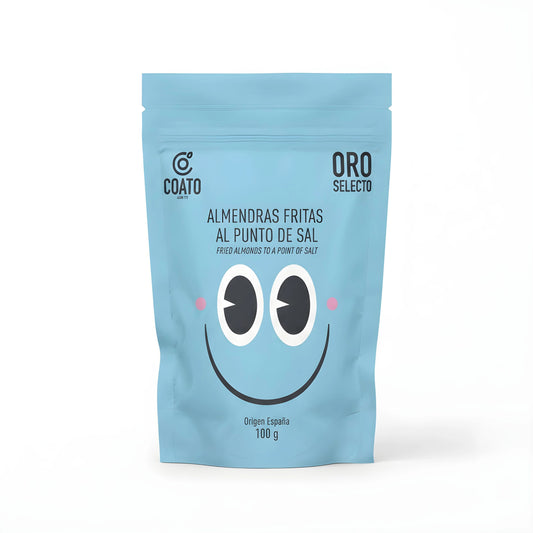 Almendras fritas al punto de sal, con envase moderno de color azul marino y en el centro dibujo simulando una cara sonriente.