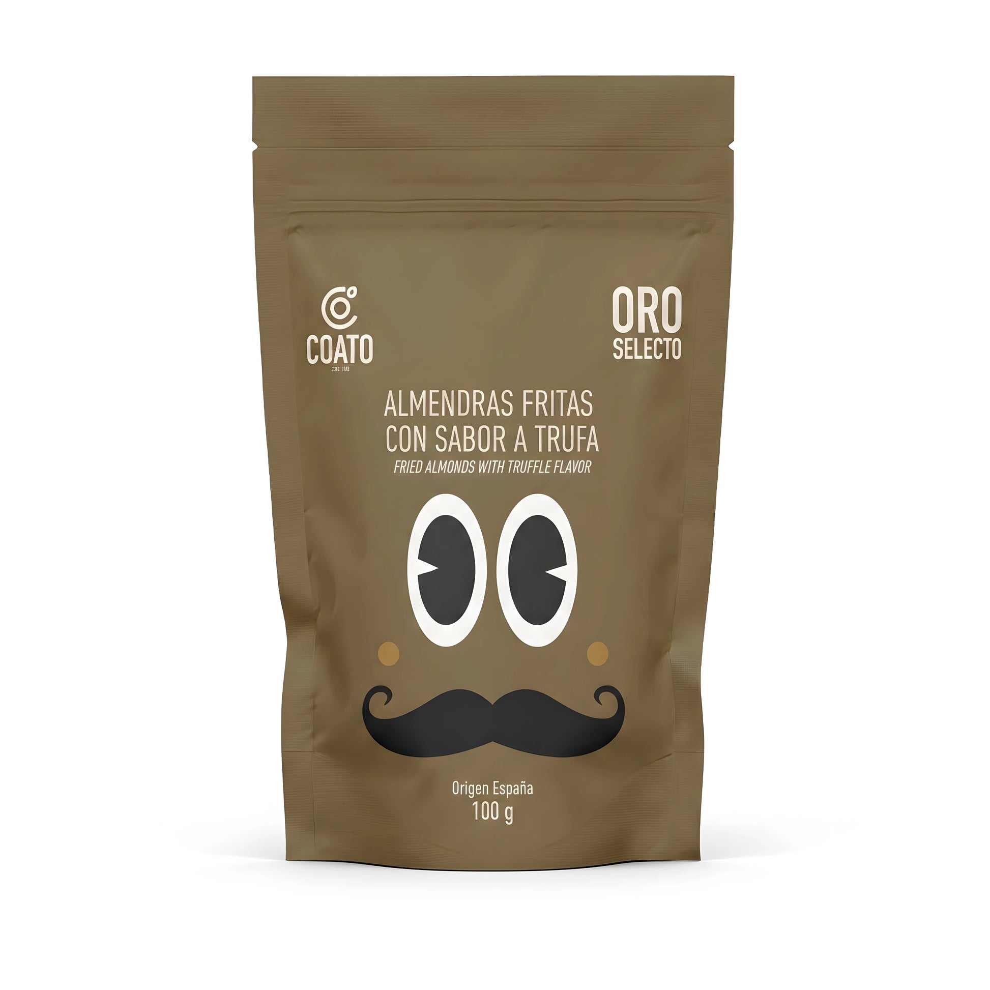 Almendras con sabor a trufa, envase moderno y canalla de color marrón y en el centro simula una cara con bigote.