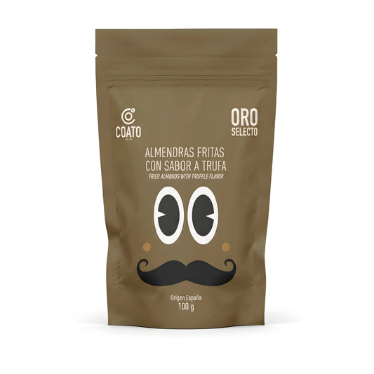 Almendras con sabor a trufa, envase moderno y canalla de color marrón y en el centro simula una cara con bigote.