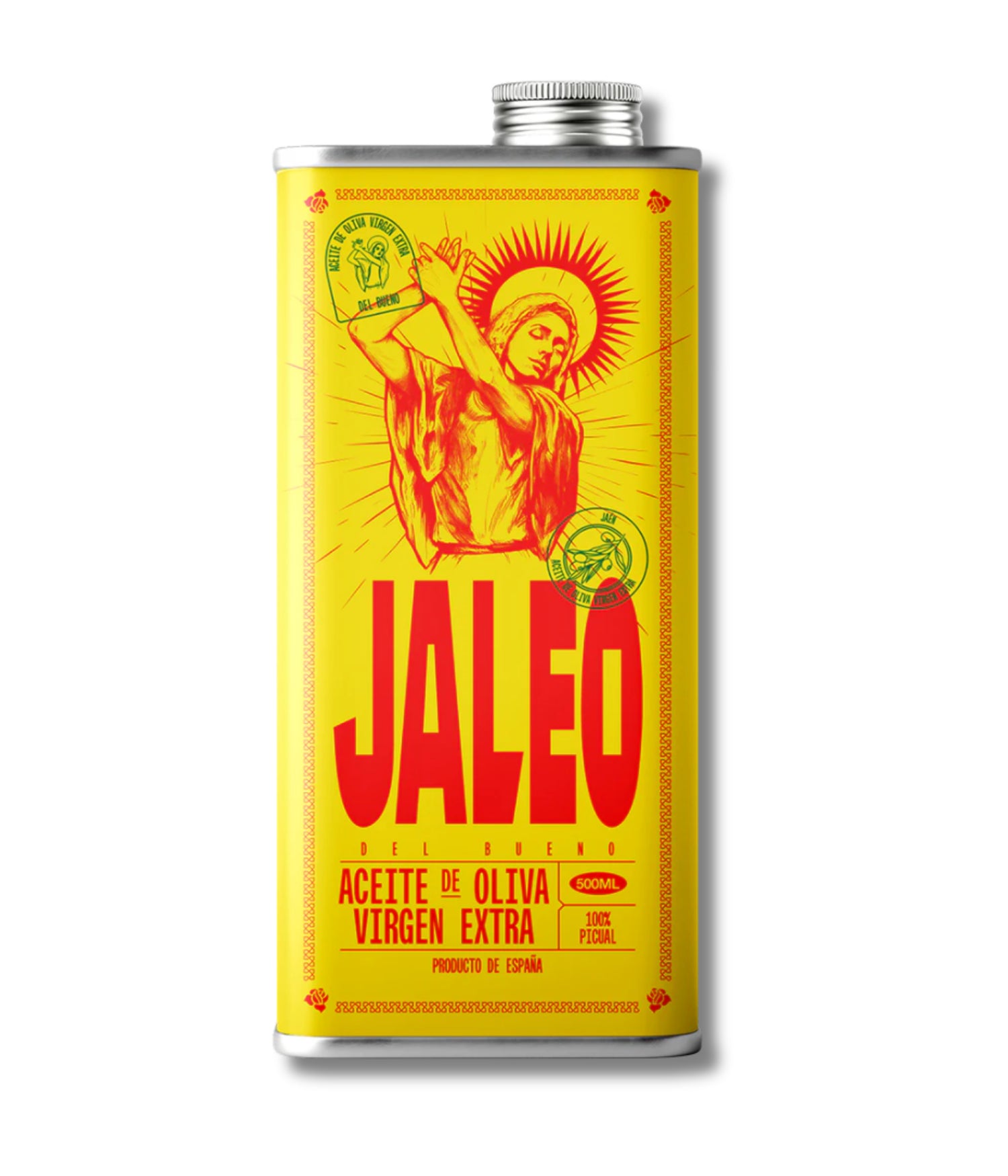 Lata amarilla y roja de aceite de oliva vigen extra Jaleo