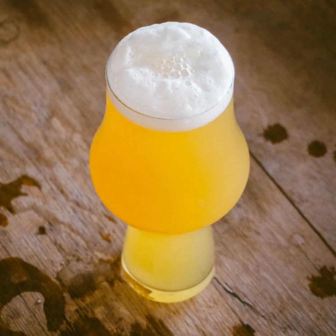 Vista cenital de un vaso servido con cerveza artesana Llama IPA de Yakka, mostrando desde arriba el color de la cerveza y la espuma en la superficie.