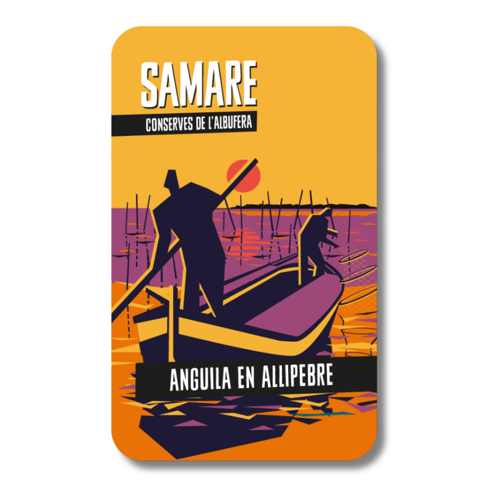 Envase de anguila en allipebre amarillo con figuras minimalistas de pescadores sobre su barca en la Albufera de Valencia