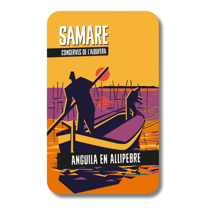 Envase de anguila en allipebre amarillo con figuras minimalistas de pescadores sobre su barca en la Albufera de Valencia