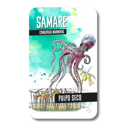 Envase de lata pulpo seco donde aparece un pulpo dibujado estilo acuarela