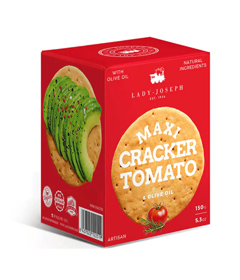 Caja roja de Lady Joseph con Maxi Cracker de Tomate y Aceite de Oliva, sobre fondo blanco.